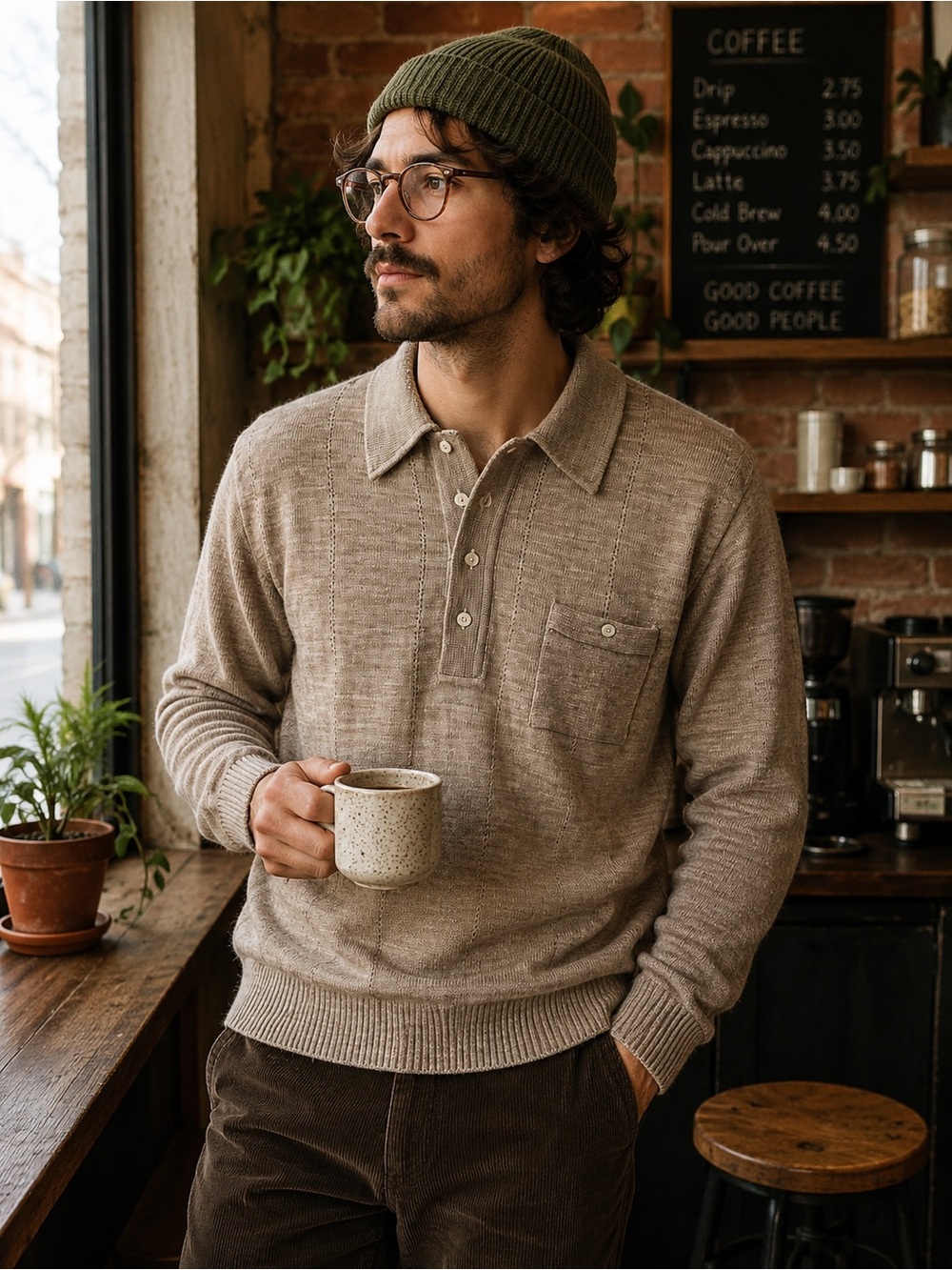 Men's vintage Royal Knight  Long-Sleeve Knit Shirt in Beige. Large.